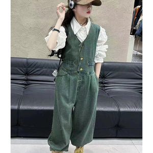 French girls' jeans outfit for kids Denim Vest + Pent + white cotton blouse puff sleeve shirt 3 pcs. set of clothes for adolescent girlS