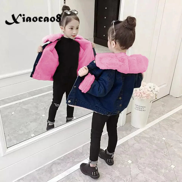 6125 Denim jeans warm collar furr jacket winter dress for girls