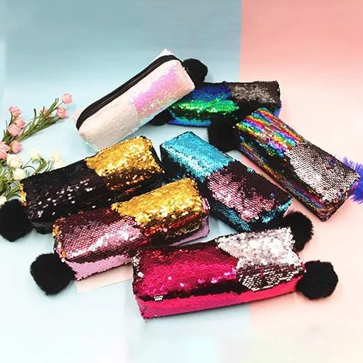 Sequin Cosmetic Bag with Double Color and Pompon Zip
