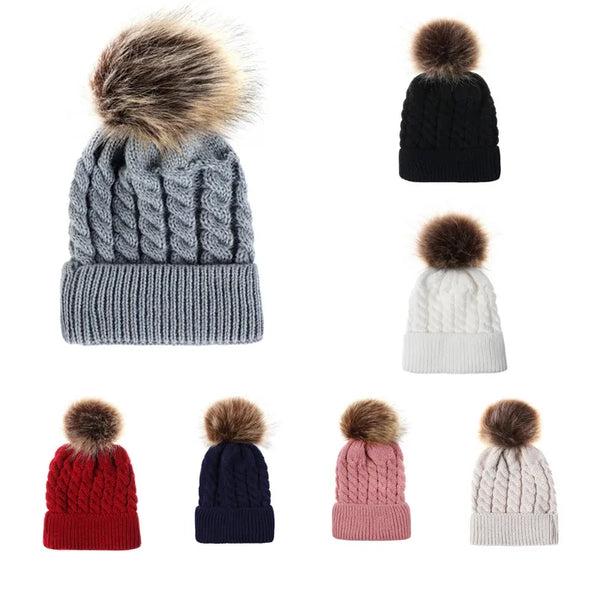 3902 Single pom pom fur warm hat for girls and boys