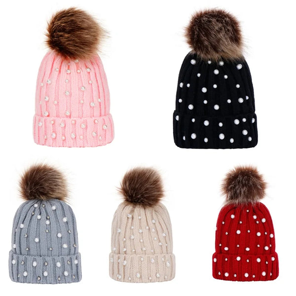 3910 Beanie hat with pearl warm pompom cap for girls