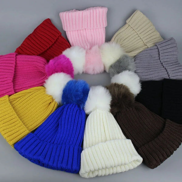 3921 Pompom cap Elastic beanie fur cap for girls and boys