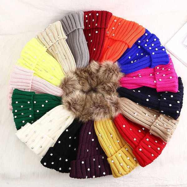 3929 New style pearl pompom warm cap for girls