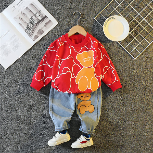 Cartoon print long sleeve t-shirt with denim pant dress for boys