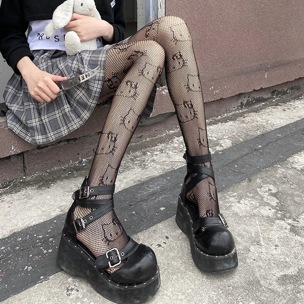 Cat style bottom hollow mesh tights for girls