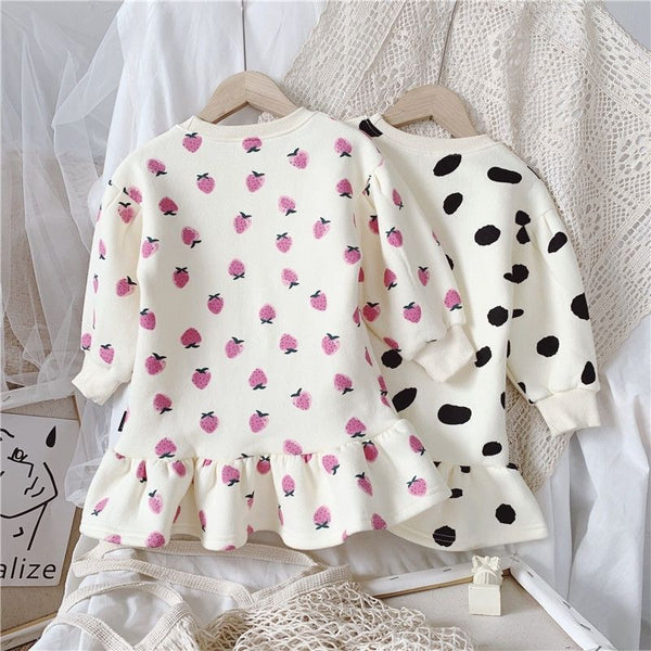 Baby clothes polka dot and strawberry clothe casual fleece dress for girls