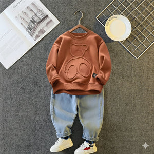 Boys clothes long sleeve print bear sweatshirt with trouser for boys