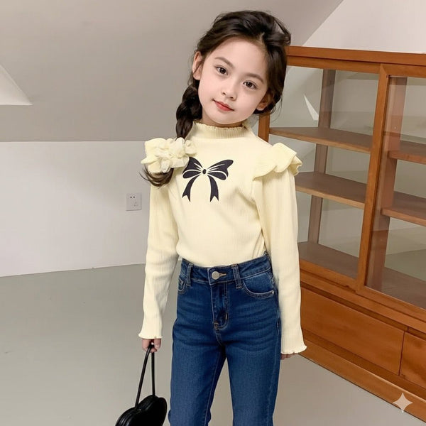 Kids fashion top knotbow pinted shirt with jeans pant dress for girls