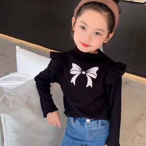 Kids fashion top knotbow pinted shirt with jeans pant dress for girls