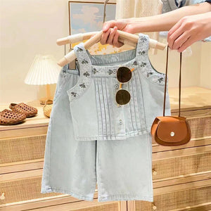 Girls Shoulder Straps Top look Embroidered  With Lose Trousers