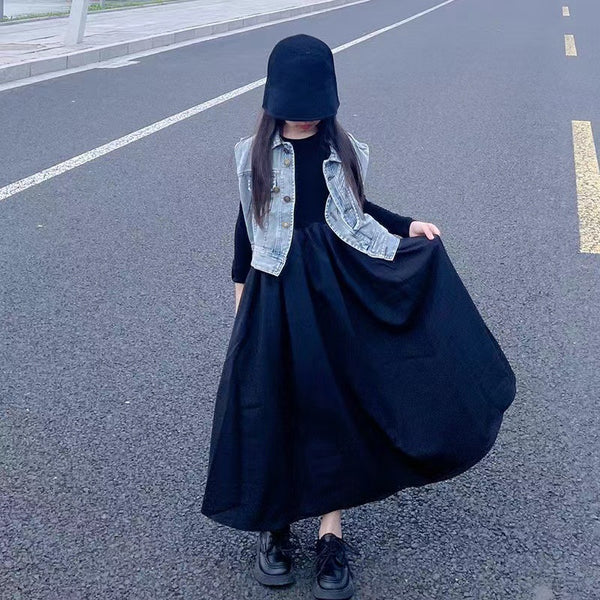4517 Denim vest jacket + long sleeved 2 pcs dress for girls