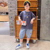 Cartoon print shirt with jeans short dress for boys