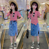 Half sleeve stripe shirt + denim skirt with belt dress for girls