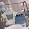 Kids clothes embroidered top shirt with denim short 2 piece dress for girls