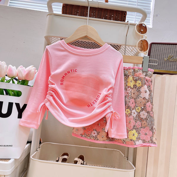 4559 Drawstring top+floral sequin skirt 2 pcs dress for girls