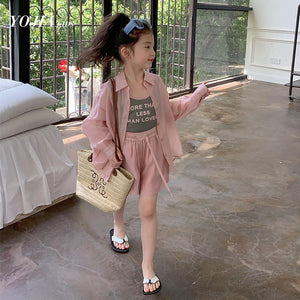 Breathable three piece set full sleeve shirt + vest + short dress girls