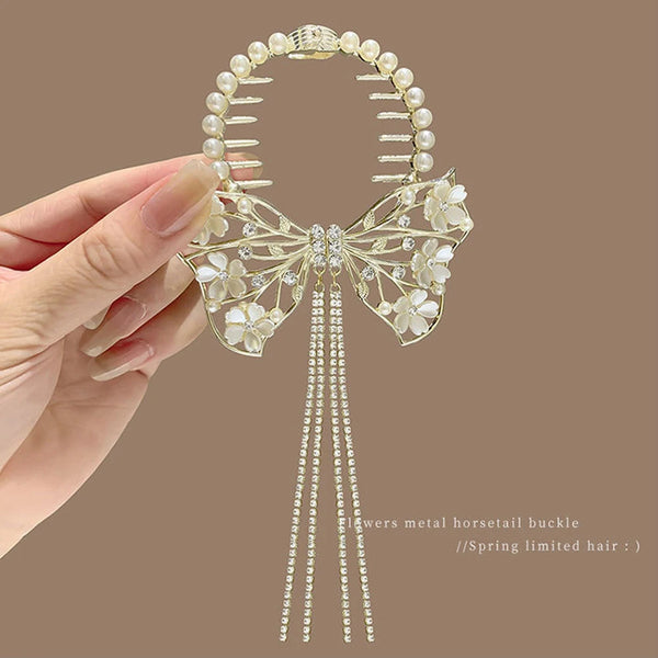 Hair claw pill head ponytail buckle pearl rhinestone tassel hair clip for girls