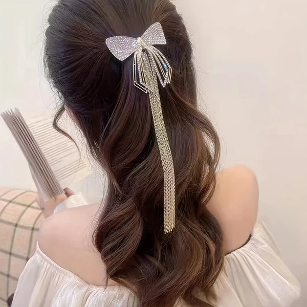 Diamond bow rhinestone tassel hairl clip for girls