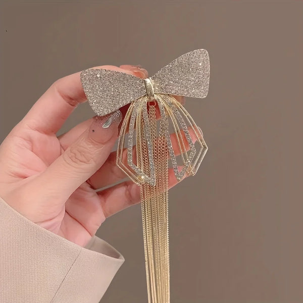 Diamond bow rhinestone tassel hairl clip for girls