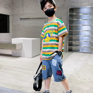 Baby clothes Pakistan smile print shirt with denim short for boys