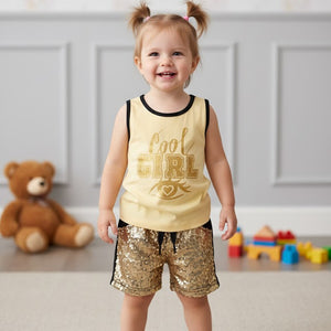 Cool Girl Printed Sleeveless Shirt with Sequins Shorts Summer Dress for Girls