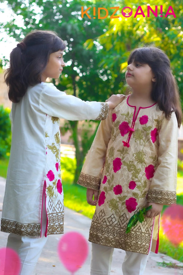 Full embroidery tila work flower style full sleeve dress for girls