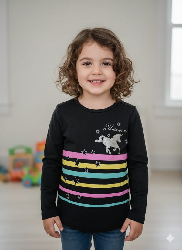 553 GIRL?S BLACK SHIRT FULL SLEEVES UNICORN PRINT