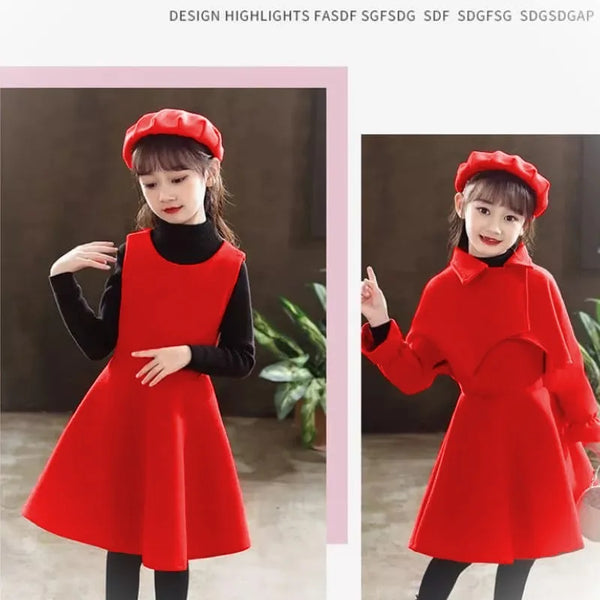 3pcs woolen dress frock+jacket+cap winter dress for girls