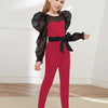 Fake jumpsuit with belt summer dress top with black mesh and bottom with blended cotton