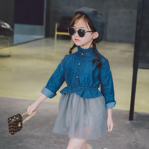 6100 Western style denim Full shirt with skirt mesh net for girls