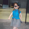 Western style half sleeve denim shirt with skirt with mesh net for girls