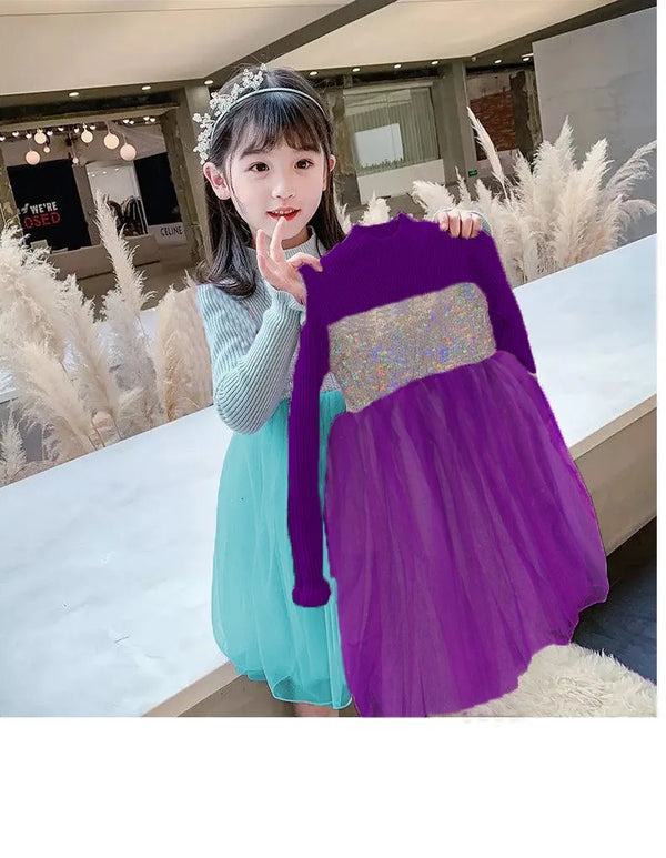 Sequins knitted chiffon ball gown glitter net frock winter for girls