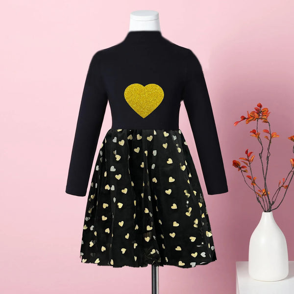 Heart printed mesh cotton full sleeve frock for girls