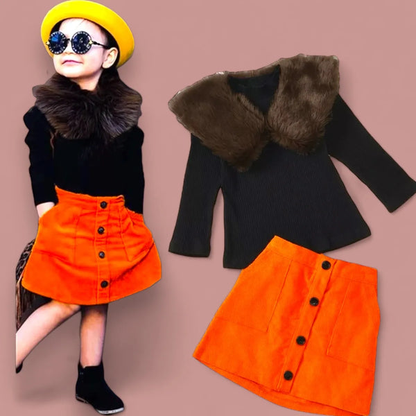 6122 Fur collar hoolow sweater + open pocket skirt dress for girls