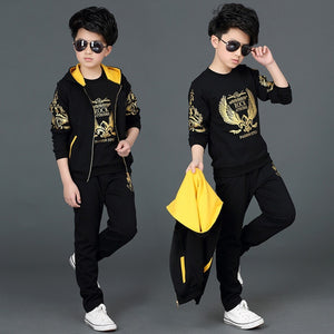 3 Pcs Winter Tracksuits For Boys And Girls Hoodie+ Shirt witjh Trouser Black And Golden