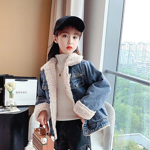 Denim jeans warm collar furr jacket winter dress for girls