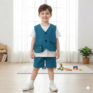 kids clothing vest with shirt and short fake 3 piece dress for girls and boys