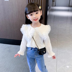 Baby girl cute big lapel lace long sleeves top with jeans spring dress for girls