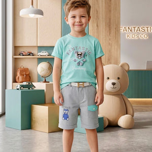 Boys summer casual dress printed shirt + short with belt