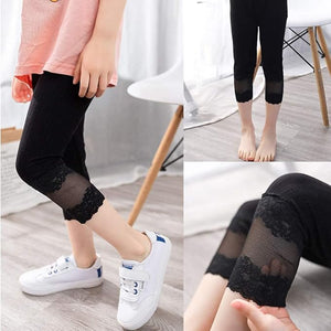 Girls' Summer Breathable Slim-Fit Capri Pants with Contrast Lace Trim, Stretchy Solid Color Casual Shorts for Skirts &amp; Dresses, Comfortable Playwear