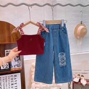 Kids clothing brands top with jeans pant 2 piece dress for girls