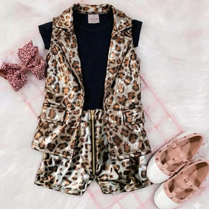 Leopard printed sleeveless waist+short with shirt 3 piece dress for girls and boys