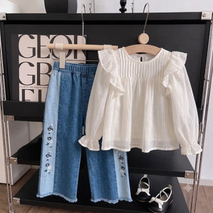 Flying sleeves doll shirt top with flower design printed pant dress for girls