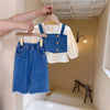 Cotton shirt + denim suspenders with adjustable soft jeans pant 3 piece dress for girls
