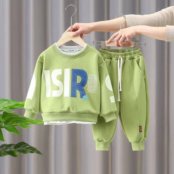 4392 Boys long sleeve letter print shirt round neck 2 piece dress for boys