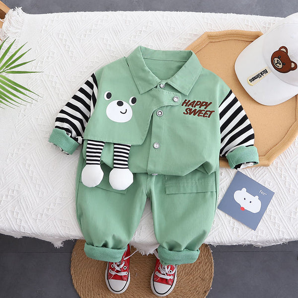 Kids clothing brands cartoon striped turn-down collar shirt and pant dress for boys