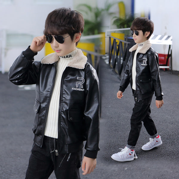 4449 Baby clothes winter casual collar furr leather overcoat for boys