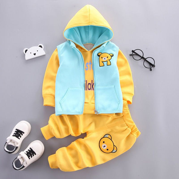 Kid clothing new plush warm bear style shirt + upper and pant three piece dress for girls and boys