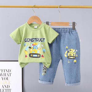 Baby clothes cartoon print shirt with denim short dress for girls