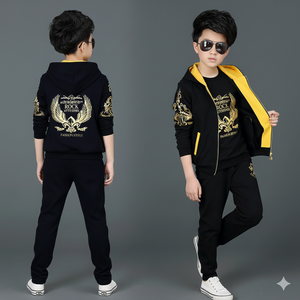 3 Pcs Winter Tracksuits For Boys And Girls Hoodie+ Shirt + Trouser Black And Golden Luxury Look